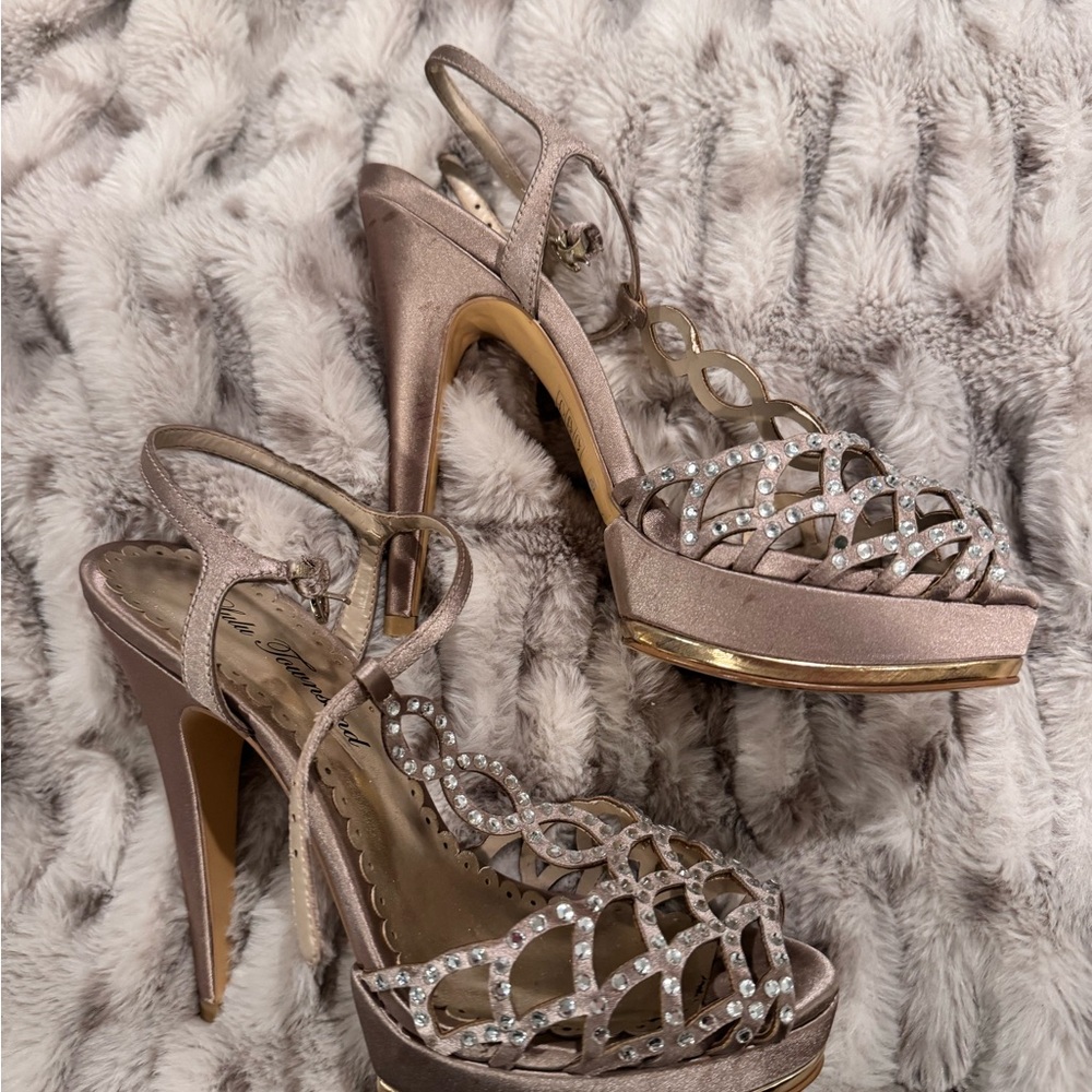 Embellished Satin Platform High Heel Sandals in Champagne and Gold